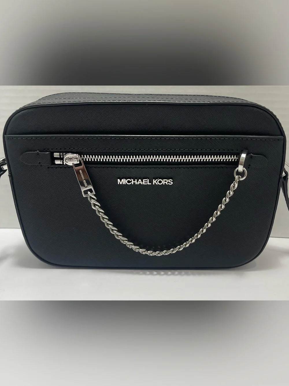 MICHAEL KORS Black Saffiano Crossbody with Silver Chain